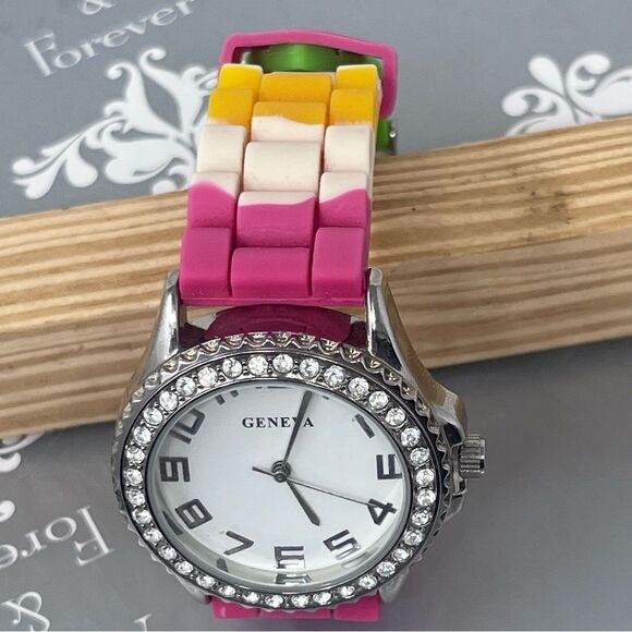Geneva 5373 Multi Color Silicone Band Rhinestone Face Stainless Steel Watch - Picture 2 of 11